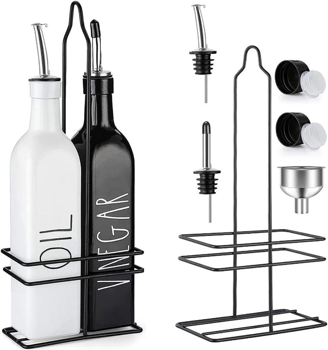 Olie en Azijn Set - 2x 500ml Kruidenoliedispenser met Schenktuiten - Zwart Wit Design