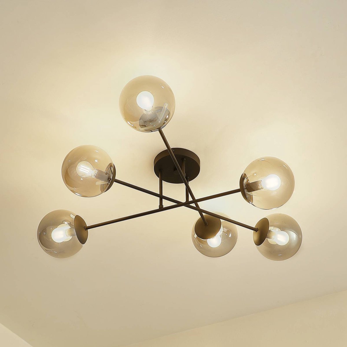 Lindby plafondlamp - 6lichts - Ijzer, glas - H: 28 cm - E14 - zwart, rookgrijs