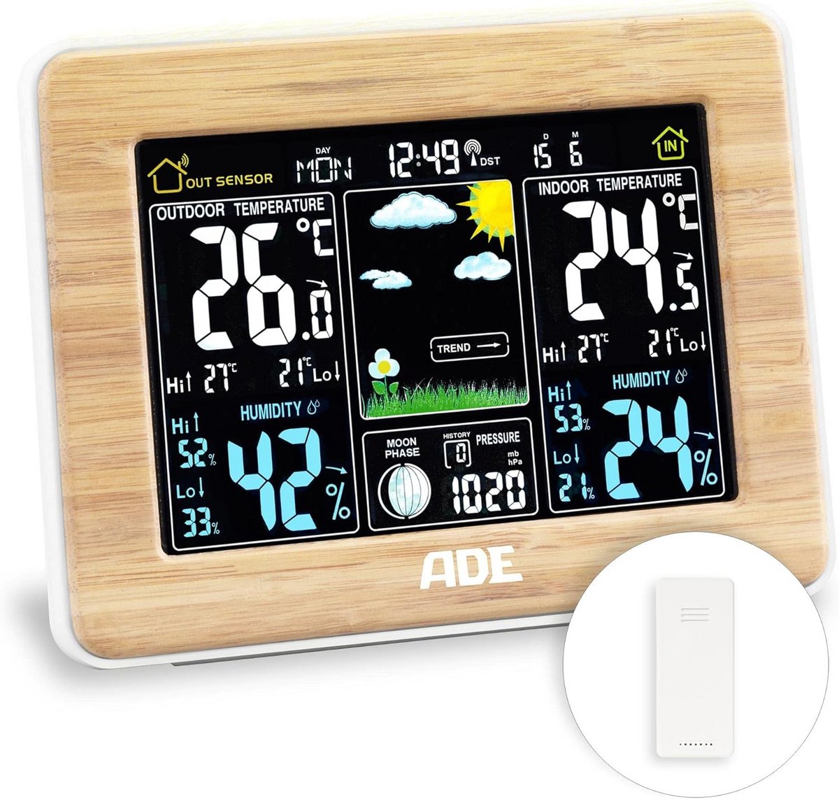 Draadloos Weerstation met Buitensensor, Kleurendisplay en Bamboe Frame