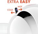 Witte koffiemachine met hendel voor warm/koud. "EXTRA EASY" tekst.