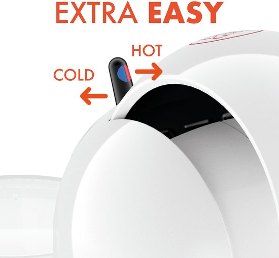 Witte koffiemachine met hendel voor warm/koud. "EXTRA EASY" tekst.