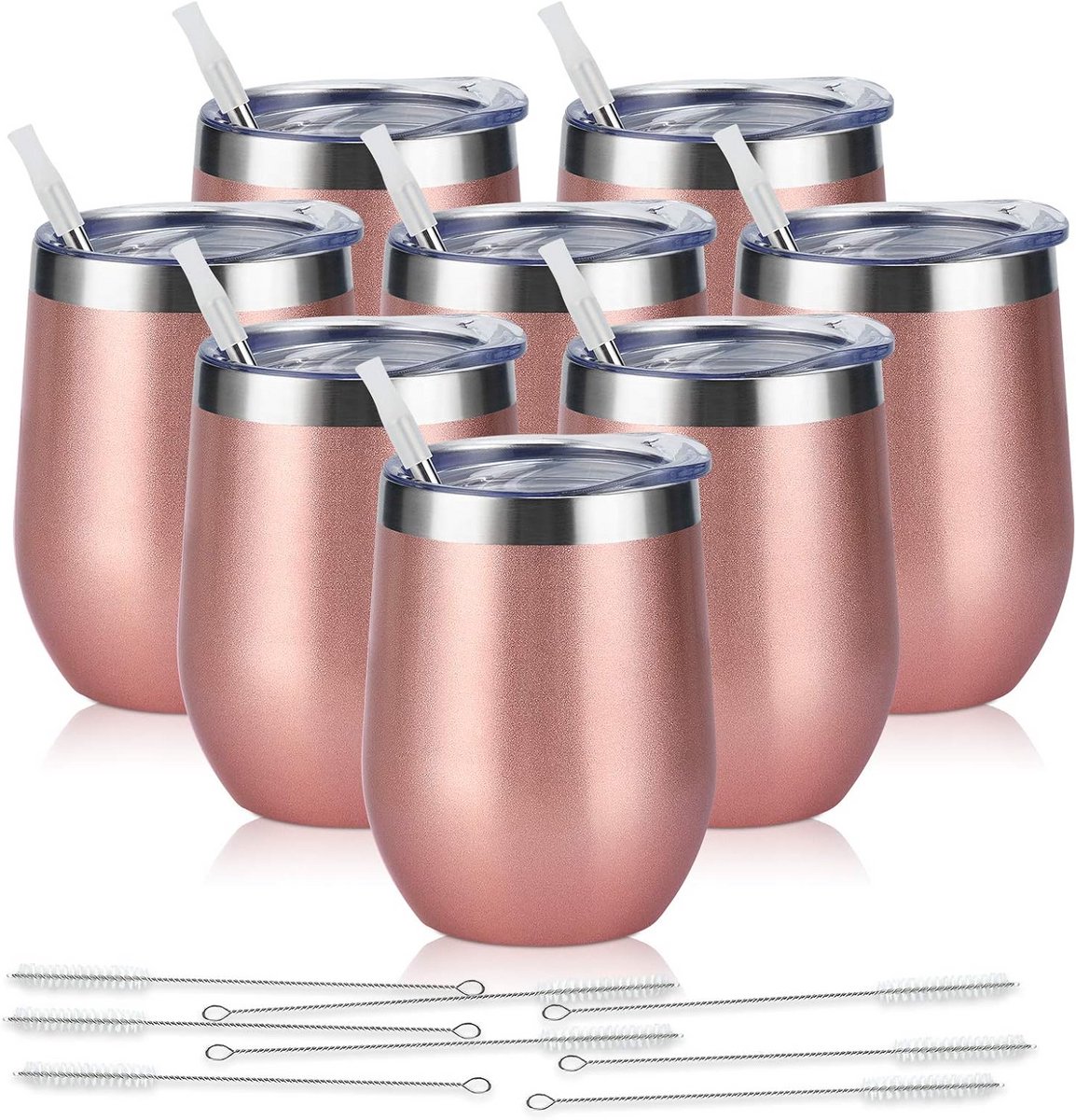 8-Pack Geïsoleerde RVS Wijnbekers met Deksel - 12oz Dubbelwandig Tumbler