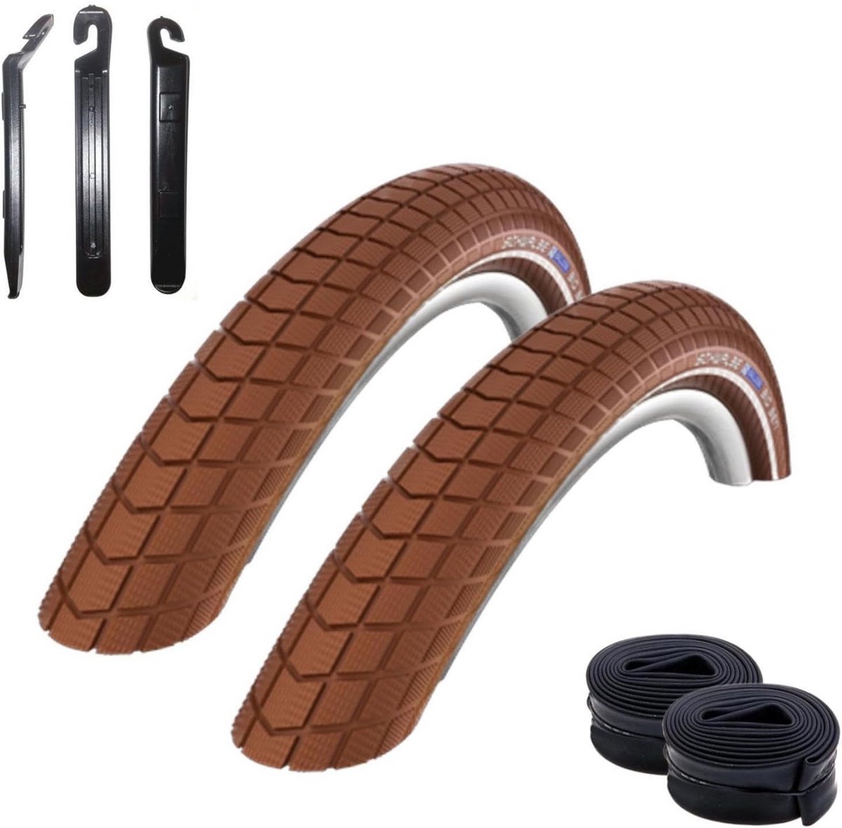 Offer set / 2 x Schwalbe Big Ben bicycle jacket bicycle tyre brown with Reflex 50-622 (28 x 2.00) + 2 Schwalbe inner tubes DV19 incl. 3 tyre levers