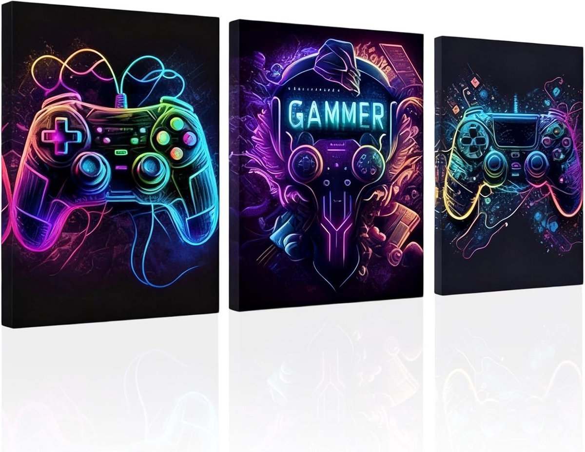 3 Delige Set Gaming Muurdecoratie Canvas Schilderijen voor Jongenskamer en Speelkamer