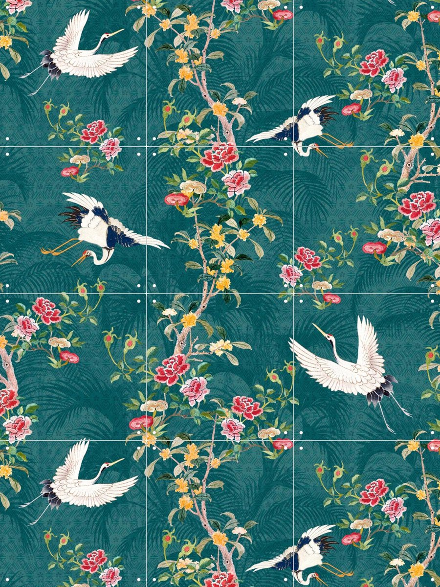 IXXI Chinoiserie Cranebirds, Bloomery Decor - 60 x 80 cm - Gratis ophangtool - Grote wanddecoratie en posters - Illustraties, Ornamenteel Ontwerp