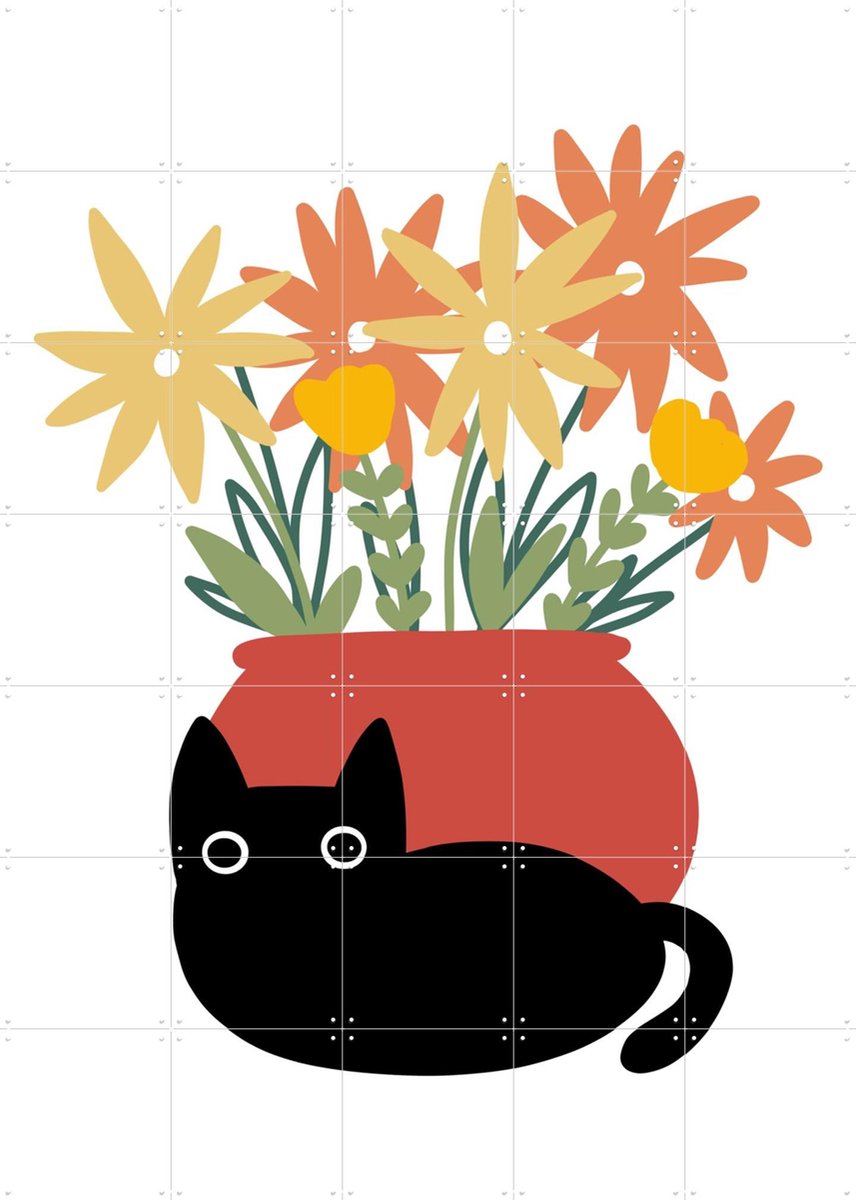IXXI Vase with Cat, BAINAI - 100 x 140 cm - Gratis ophangtool - Grote wanddecoratie en posters - Grafisch Ontwerp, Cartoonesk, Fantasierijk