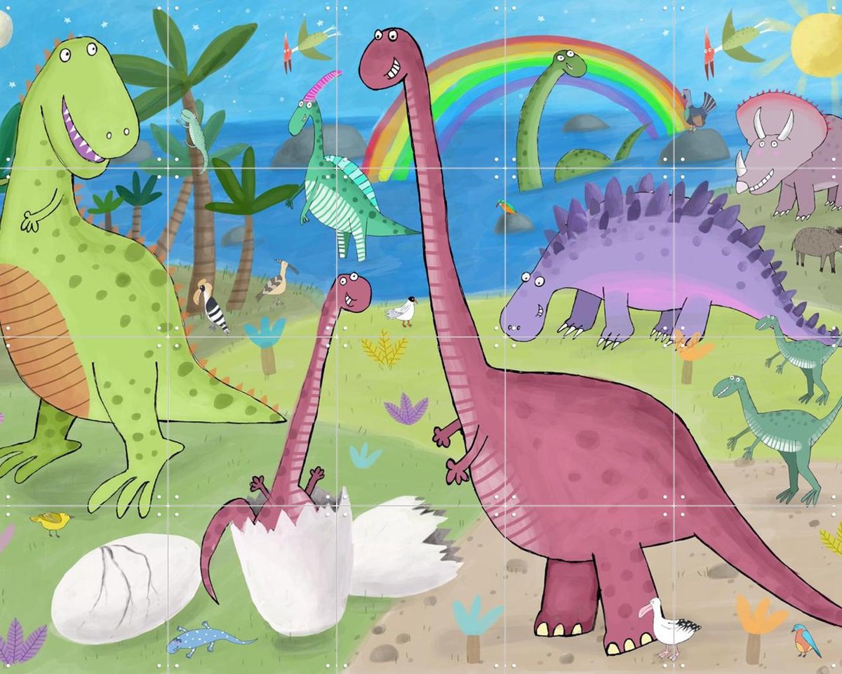 IXXI Cute Dinosaur in the Jurassic Park, Carla Daly - 100 x 80 cm - Gratis ophangtool - Grote wanddecoratie en posters - Illustraties, Speels