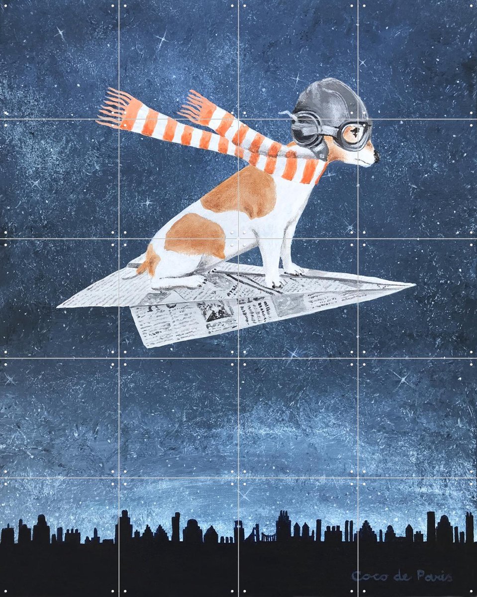 IXXI Jack Russell on paper plane, Coco de Paris - 80 x 100 cm - Gratis ophangtool - Grote wanddecoratie en posters - Fantasierijk, Speels