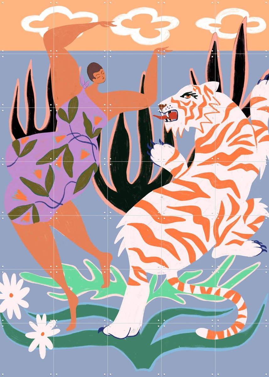 IXXI Hello Tiger, Arty Guava - 100 x 140 cm - Gratis ophangtool - Grote wanddecoratie en posters - Illustraties, Kleurrijk, Speels, Wilde dieren
