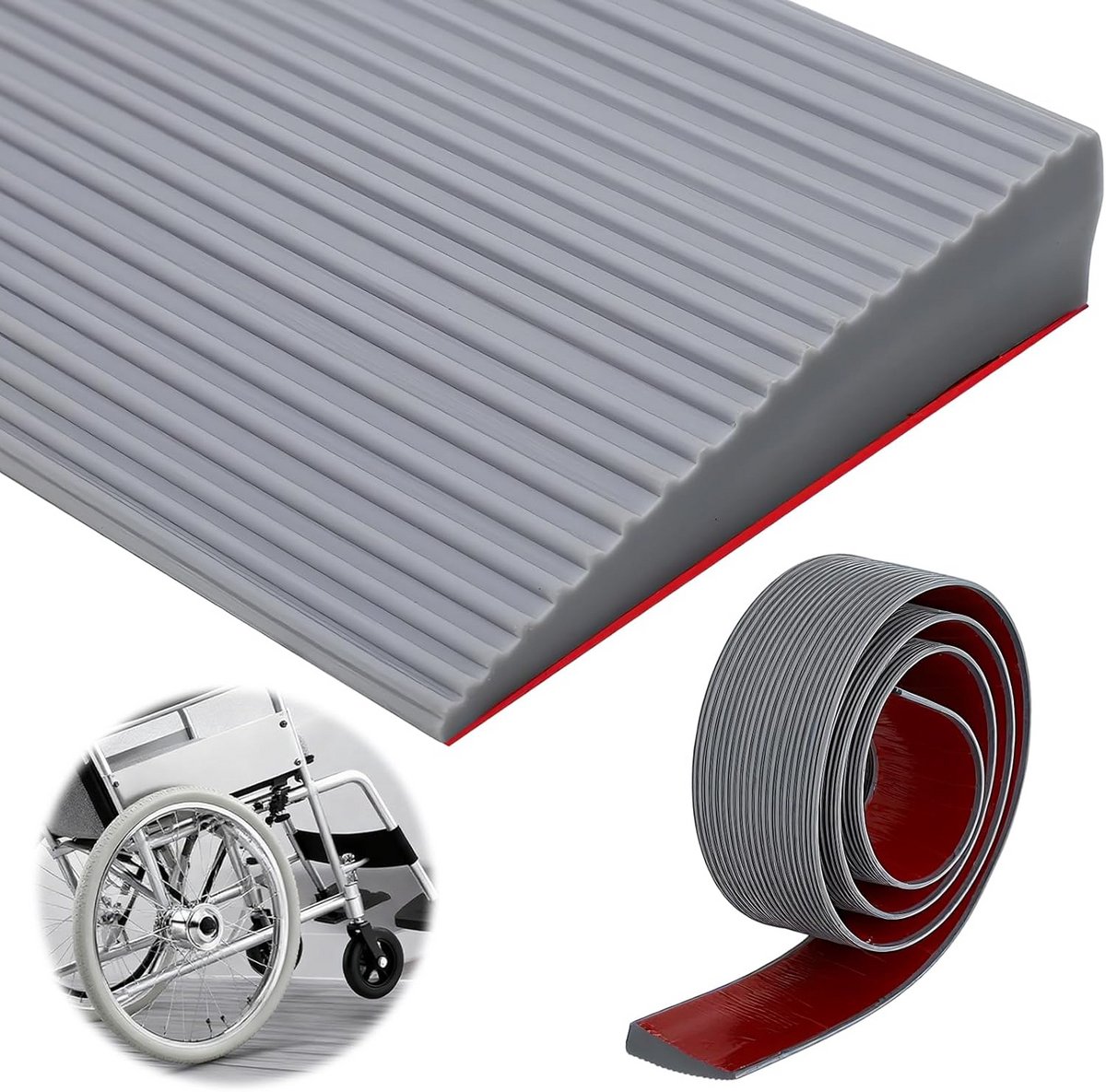 Grijze PVC Drempelhulp met Antislip voor Rolstoel en Rollator - 90 x 8 x 3 cm