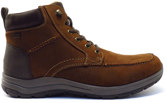 Bruine leren veterlaars met ritssluiting, donkerbruine hiel.
