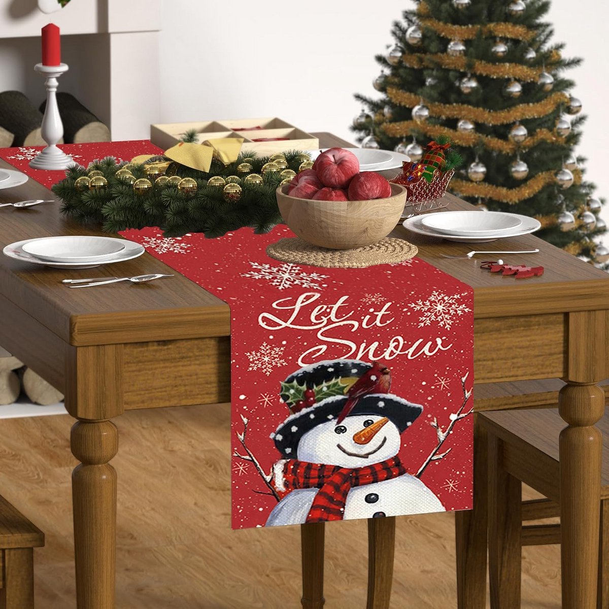 Blauwe Tafelloper met Sneeuwpop Thema voor Winter en Kerstdecoratie 40x140 cm