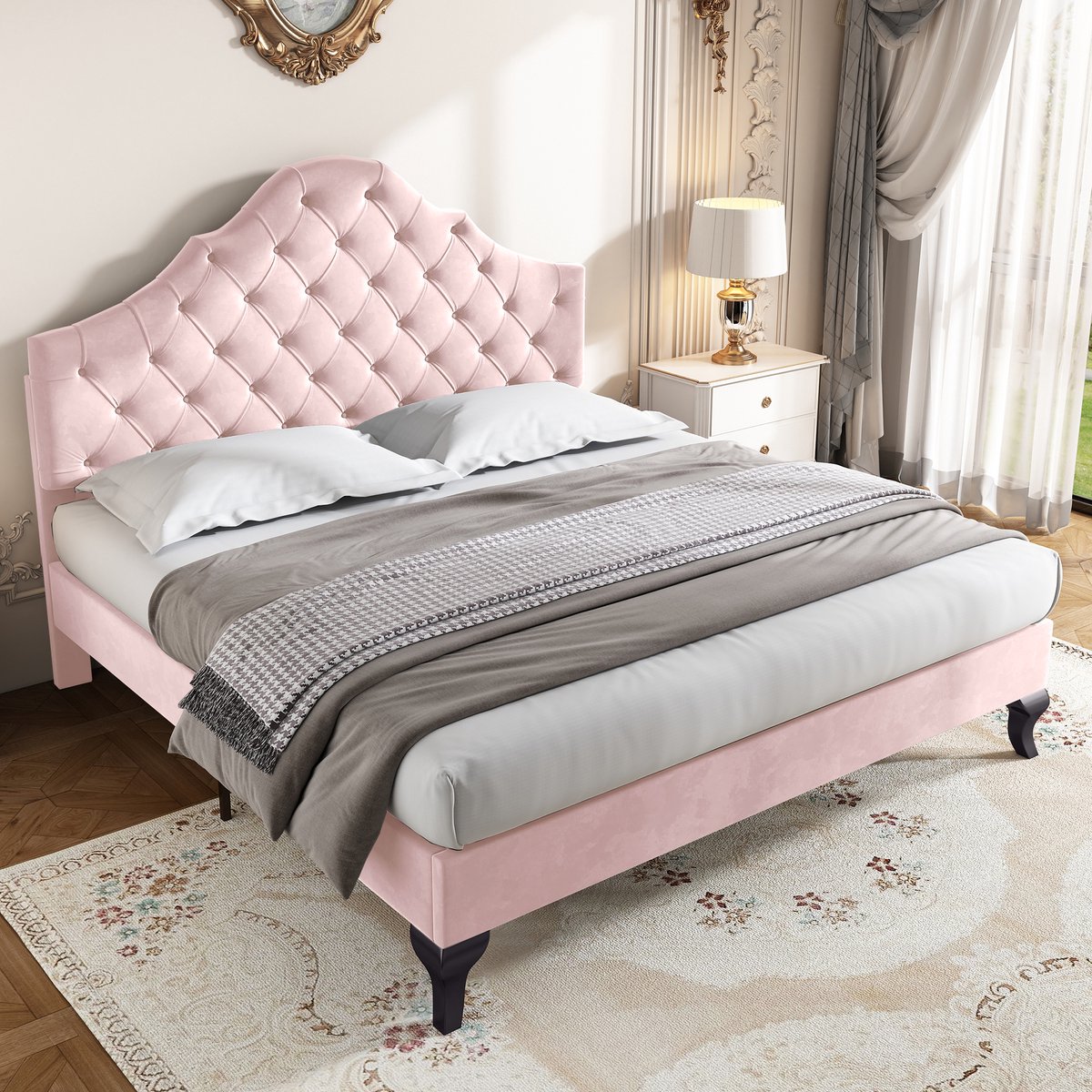 FloraGrace Gestoffeerd Bed 140x200cm – Fluwelen Bedframe Met Verstelbaar Hoofdbord – Inclusief Lattenbodem – Zonder Matras – Voor Slaapkamer – Roze