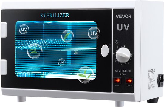 Witte Vevor UV-sterilisator met glazen deur, blauw verlichte binnenkant met 'UV'-symbolen en groene blaadjes.