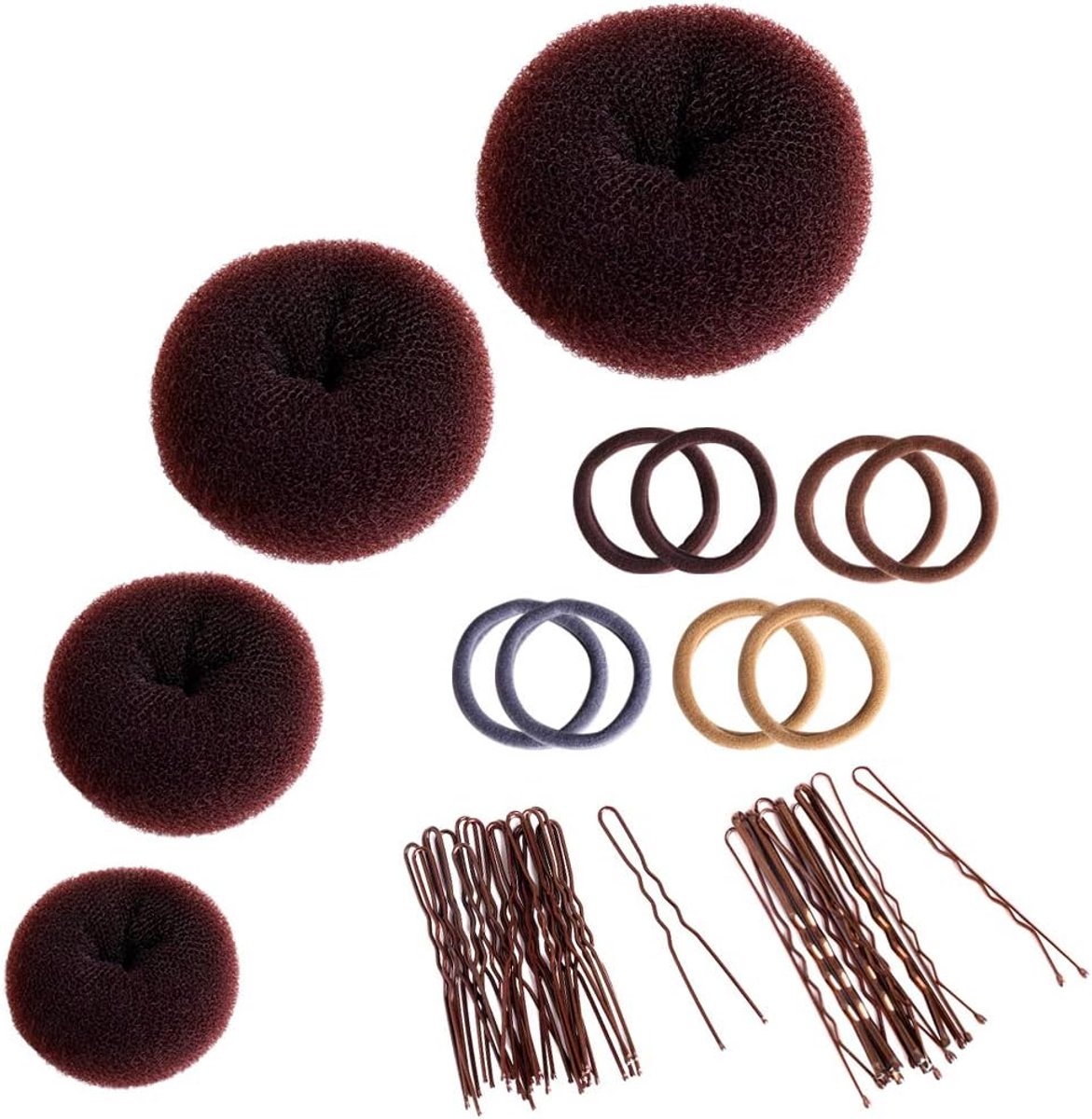 Set Haaraccessoires voor Donut Kapsels: Inclusief 4 Donuts, Elastiekjes en Spelden