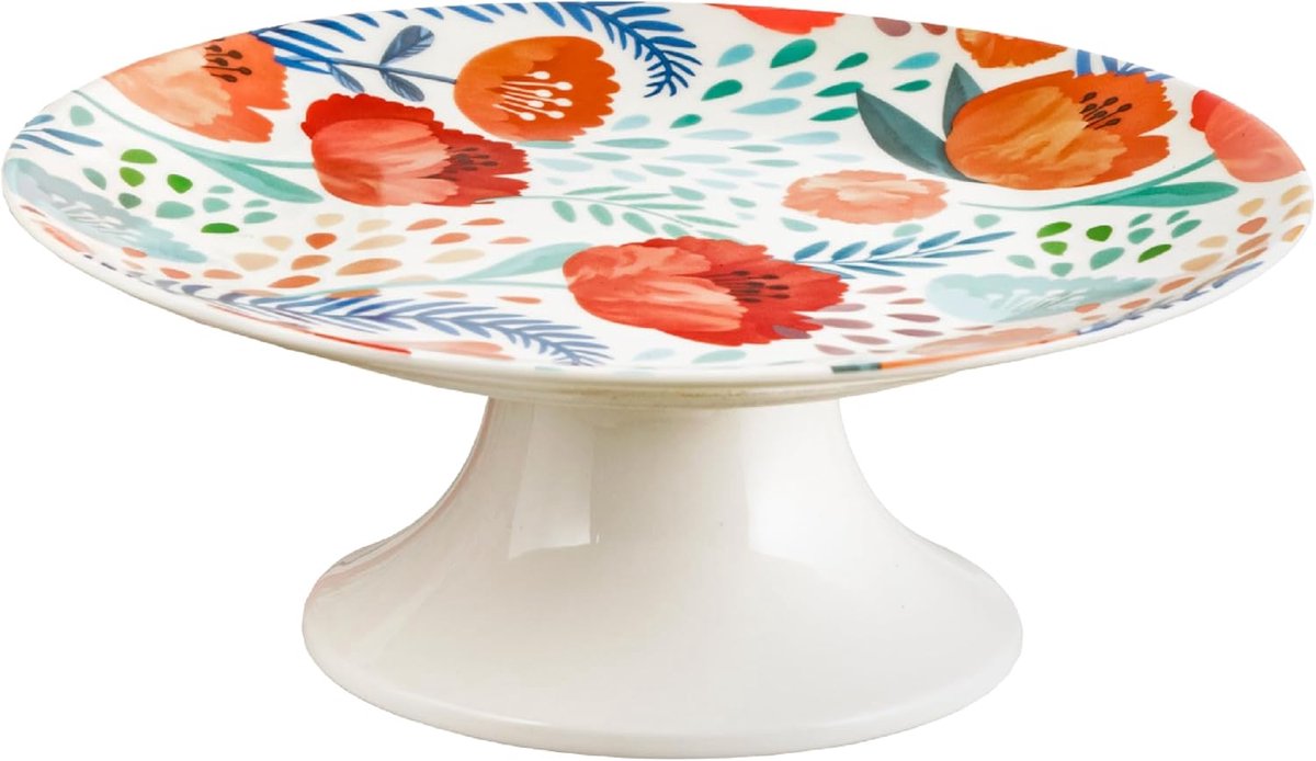 Serveerschaal Porselein - Taartplateau Decoratief - Gebak Presenteren - Vaatwasserbestendig - 20 x 20 x 6.5 cm - Met Bloemenmotief