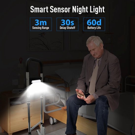 In hoogte verstelbare opstahulp met sensor nachtlamp voor senioren — afbeelding 2