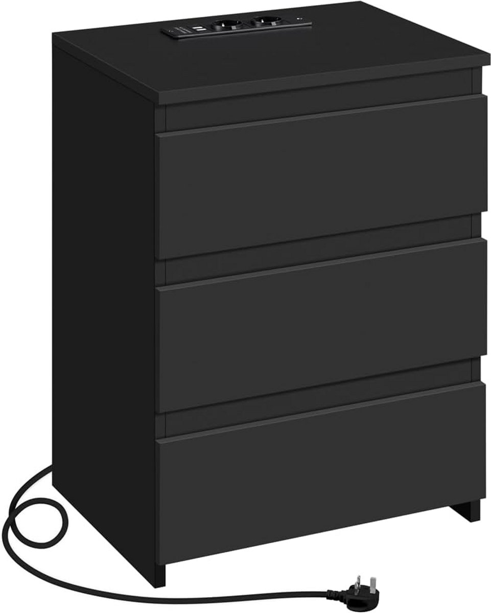 Nachtkastje met 3 Laden, Ingebouwd Laadstation (2x Stopcontact & 2x USB)