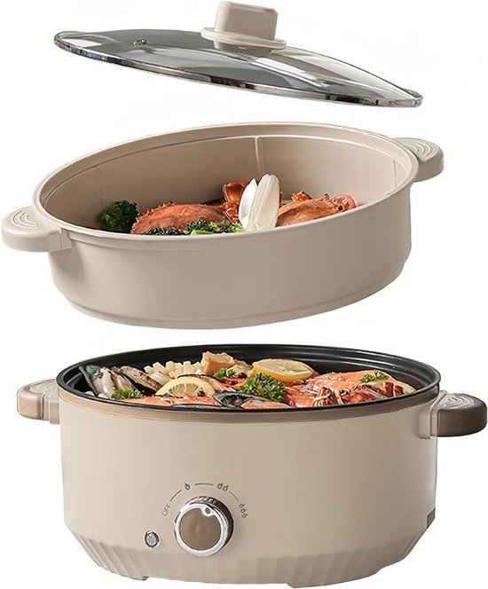 Beige elektrische hotpot met stoominzet en deksel apart getoond. De basis is gevuld met zeevruchten, citroen en groenten.