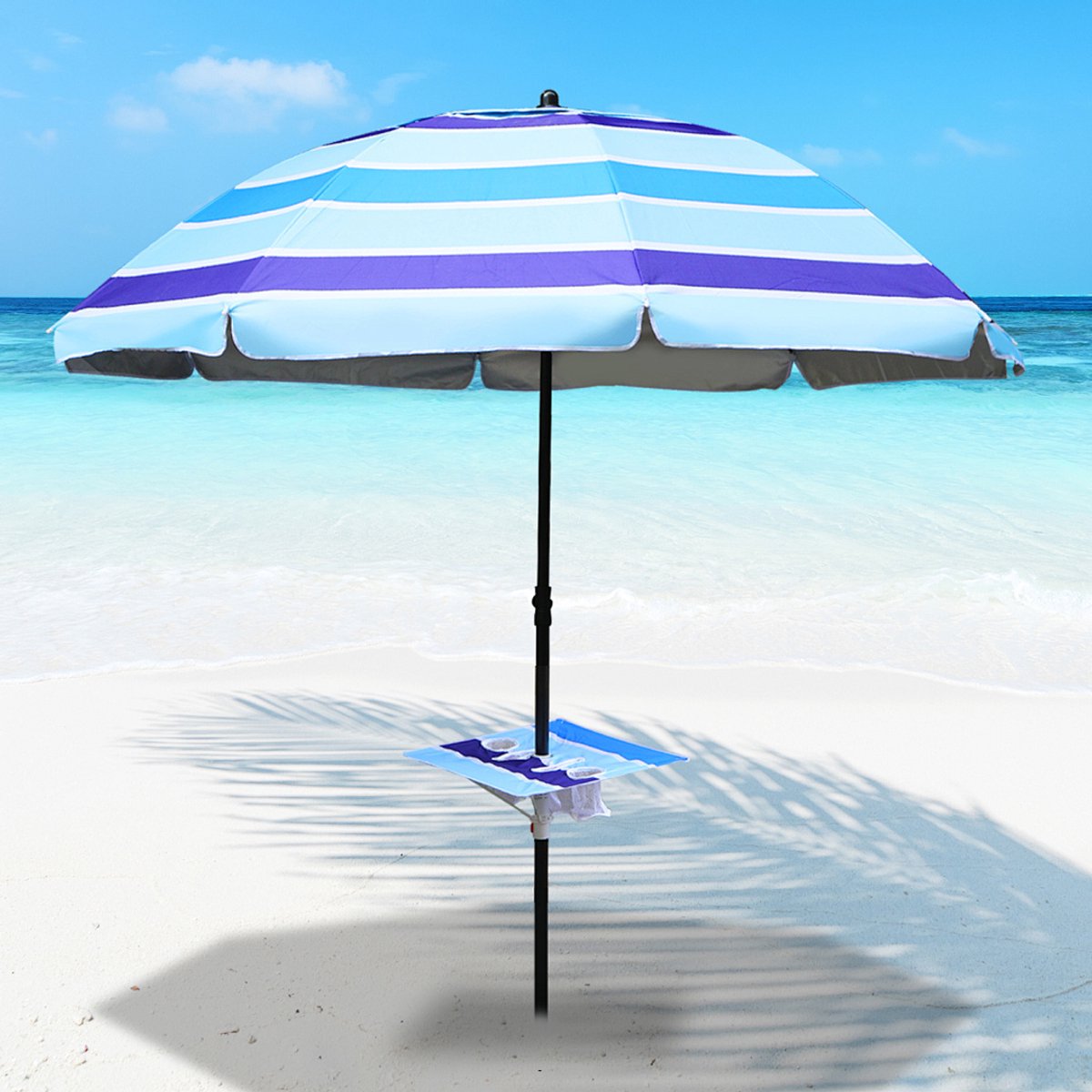 Strandparasol met Tafel en Haak – 213 cm UV50+ Zonbescherming, 30° Kantelbaar, Verstelbare Hoogte, Windbestendige Parasol met Draagtas voor Strand Tuin Balkon