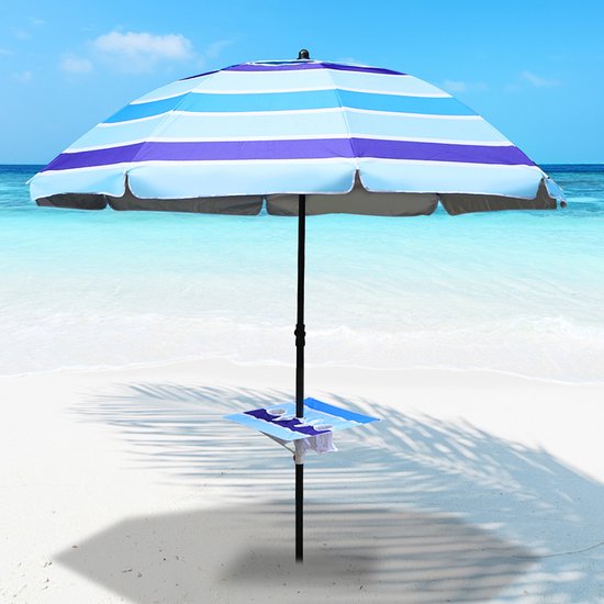 Strandparasol met Tafel en Haak – 213 cm UV50+ Zonbescherming, 30° Kantelbaar, Verstelbare Hoogte, Windbestendige Parasol met Draagtas voor Strand Tuin Balkon
