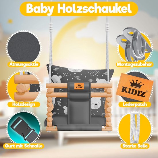 Houten babyschommel voor binnen en buiten - Verstelbaar schommelzitje voor baby en peuter (6 maanden tot 3 jaar) — afbeelding 2