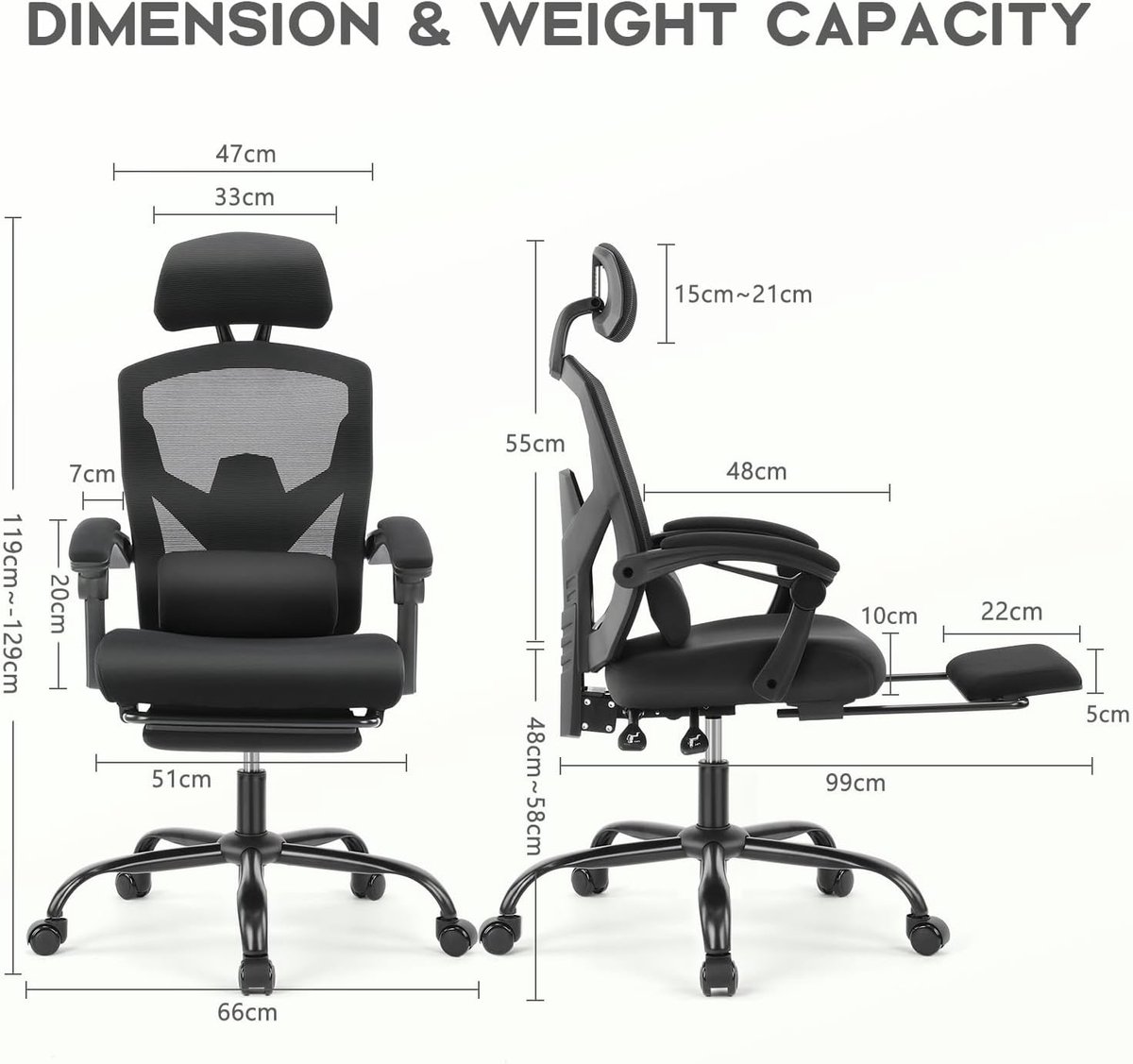 Ergonomische bureaustoel Casa Velluto ComfortPro met verstelbare lendensteun, hoofdsteun, voetensteun en armleuningen – Thuiswerkstoel, gamingstoel en computerstoel, ademend mesh, zwart, verstelbaar 90–135°