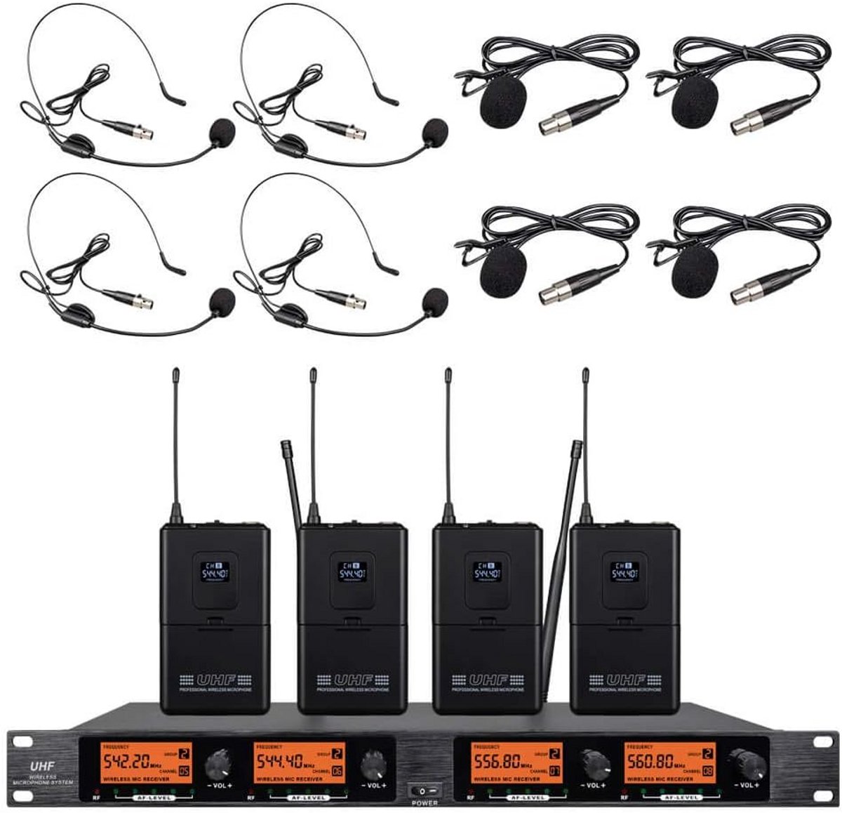 Professioneel Draadloos Microfoonsysteem met 4 Kanalen en Lavalier/Headset Microfoons
