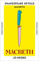 Boekcover met gele achtergrond. Een roze mes met blauw handvat wordt in het midden getoond. Titel: MACBETH.