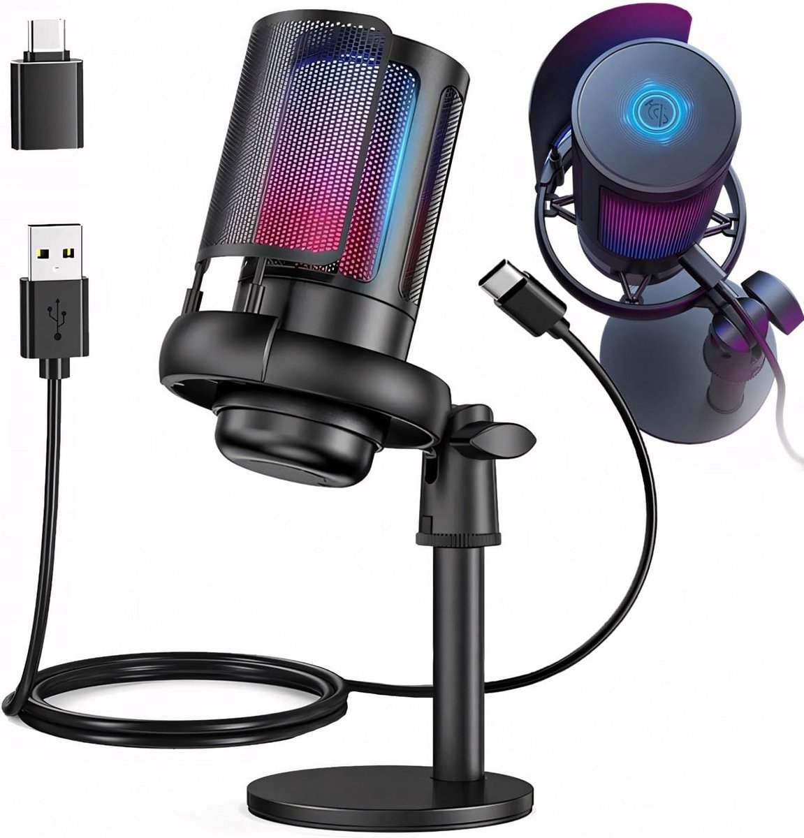 USB Condensatormicrofoon met RGB Licht, Mute en Volumeregeling voor Gaming en Streaming