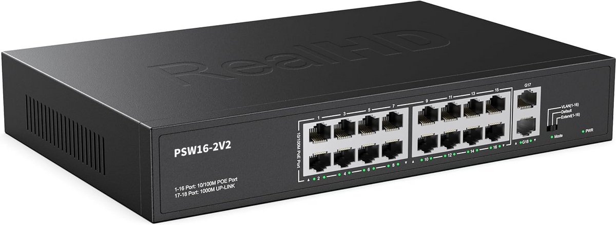 16-Poorts PoE+ Switch met 2 Gigabit Uplink Poorten en 250W Budget