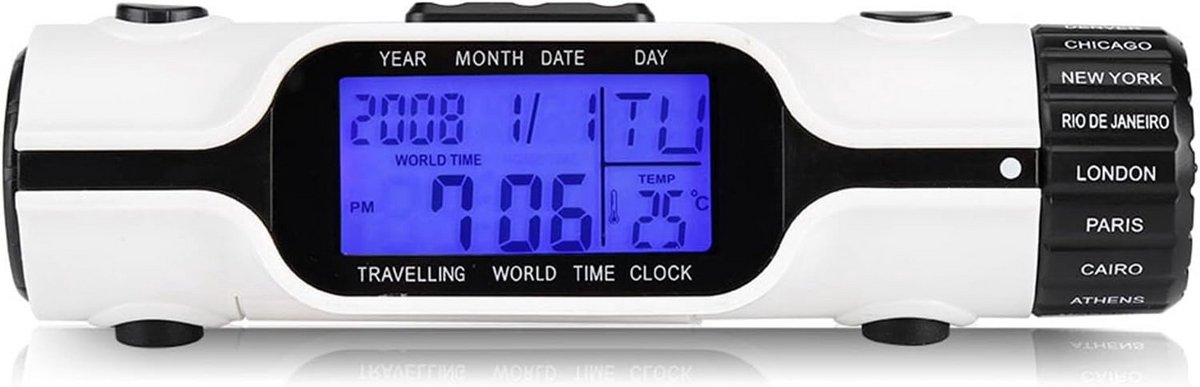 Digitale Wereldtijd Reiswekker met Thermometer en Zaklamp