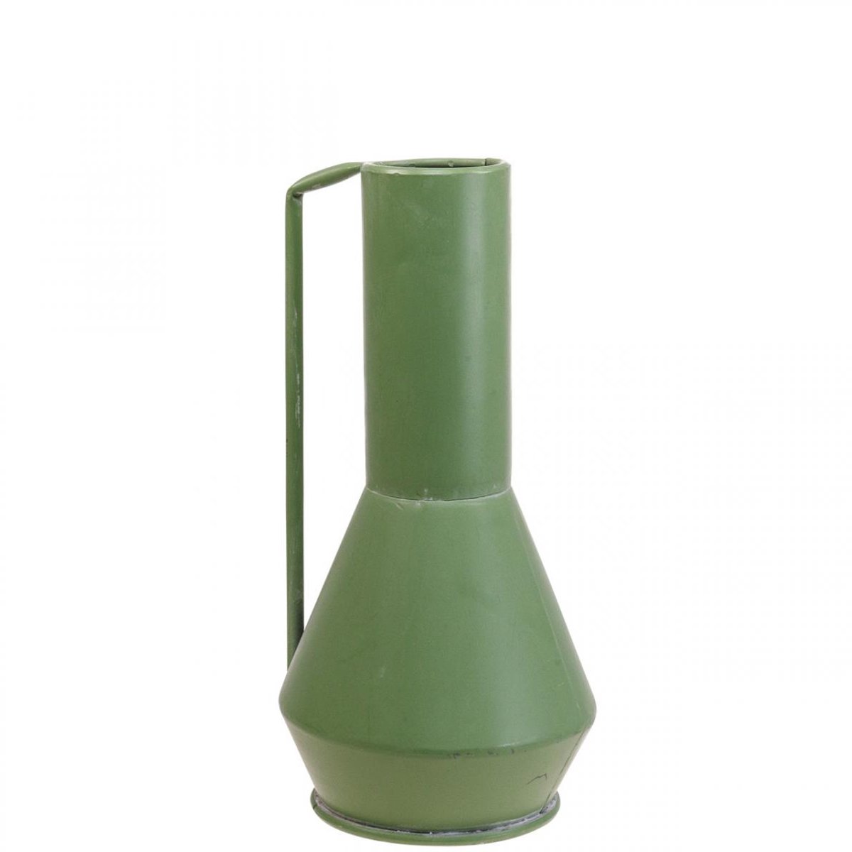 Decoratieve metalen vaas, groen, met handvat; vintage sierkan, 14 cm h