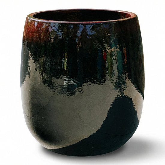 Pot grande taille d'extérieur SOCRATE 40x49cm noir & rouge, fait main en terre cuite émaillée, résistant au gel
