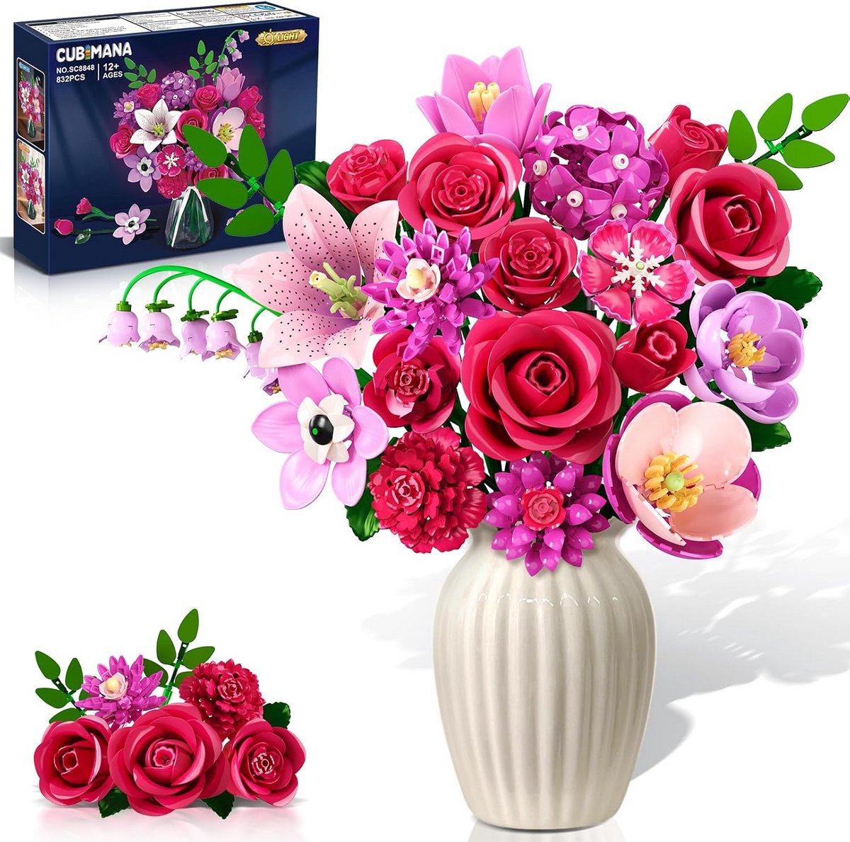 Bouwstenen Bloemenboeketset met LED Verlichting voor Volwassenen - 832 Stuks Bloemen Plant