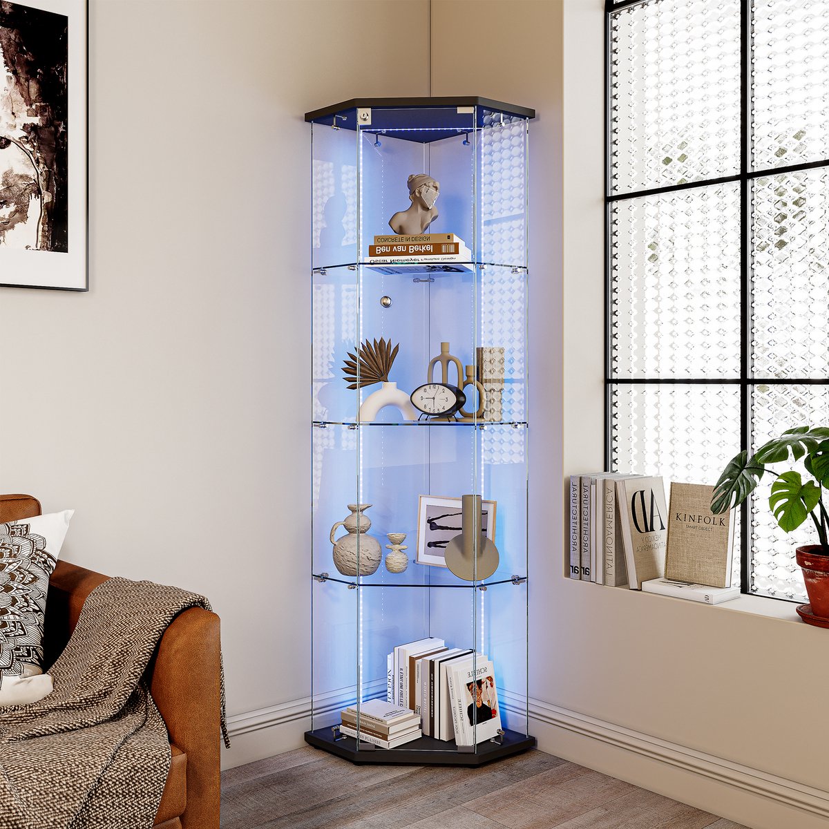 ROSAHQNDA Glazen hoekvitrine met LED-strip en 4-laags vitrinekast met glazen deuren, voor verzamelobjecten en sterke drank, zwart
