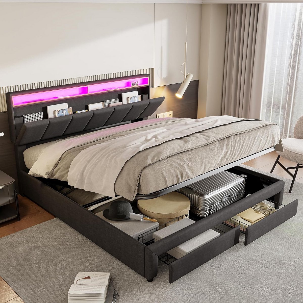 Tweepersoonsbed 180x200 grijs met LED, gestoffeerd en opbergruimte