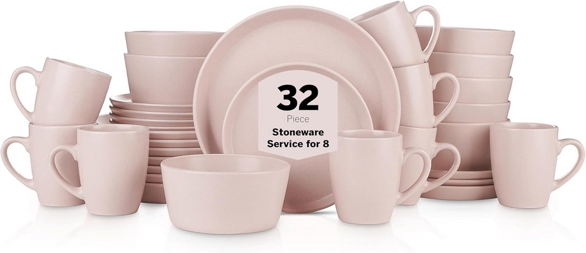 32-Delige Steengoed Servies Set Rond Roze Geschikt voor Vaatwasser en Magnetron