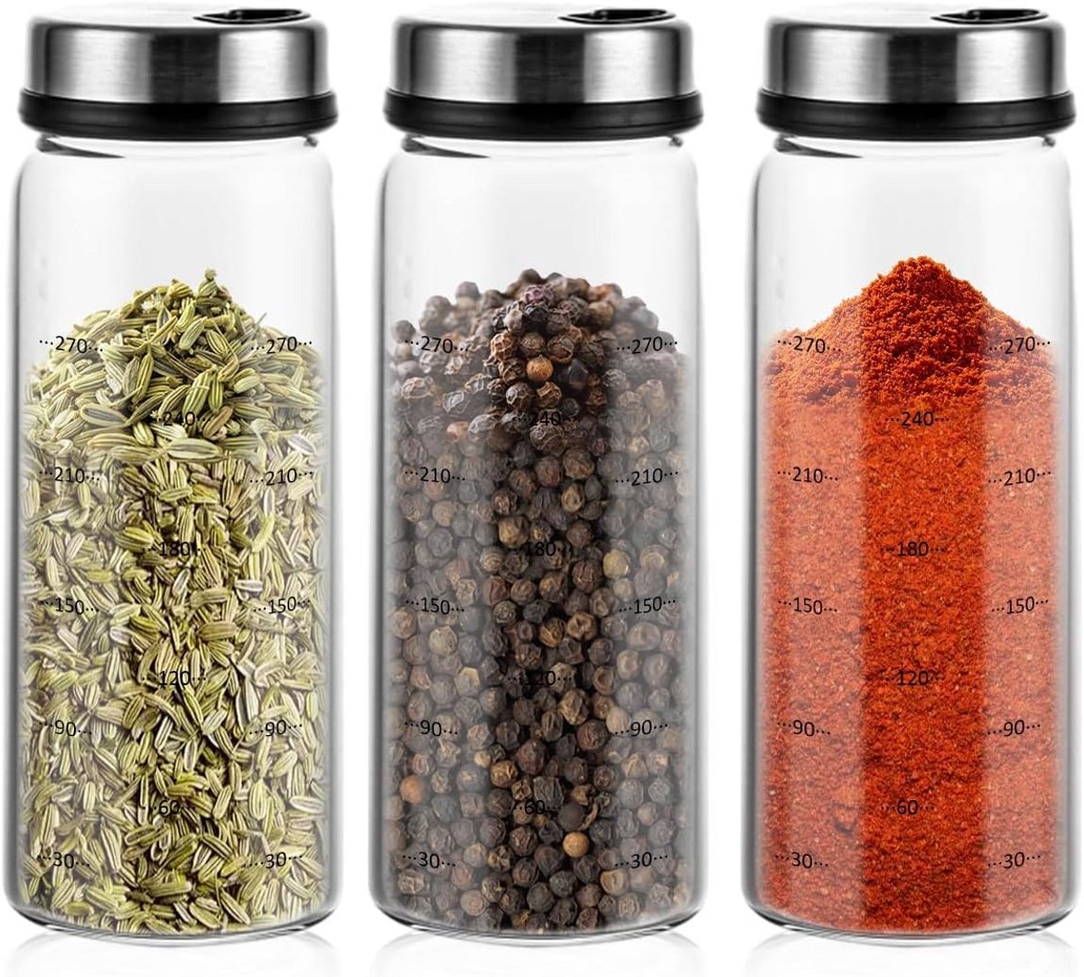 3 Delige Kruidenpotten Set Glas met RVS Draaideksel - 300ml Navulbare Kruidenstrooier