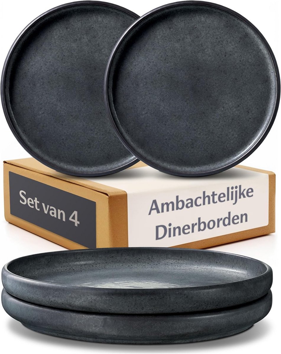Set van 4 Zwarte Keramische Dinerborden Ø26 cm - Minimalistisch Servies