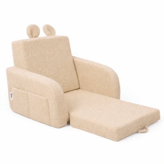 Flumi - 2 in 1 Uitschuifbare Kinderfauteuil - Schuimconstructie - Afneembare Wasbare Hoes - Teddy Stof - Met Zijvakken - Donkerbeige van Merkloos — afbeelding 2