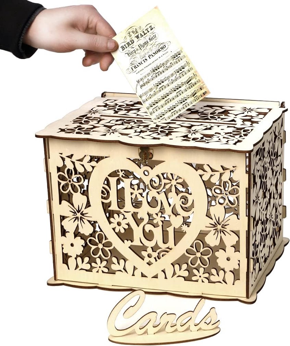 Houten Kaartendoos met Slot voor Bruiloft en Feest - Spaarpot voor Cadeaus en Wensen