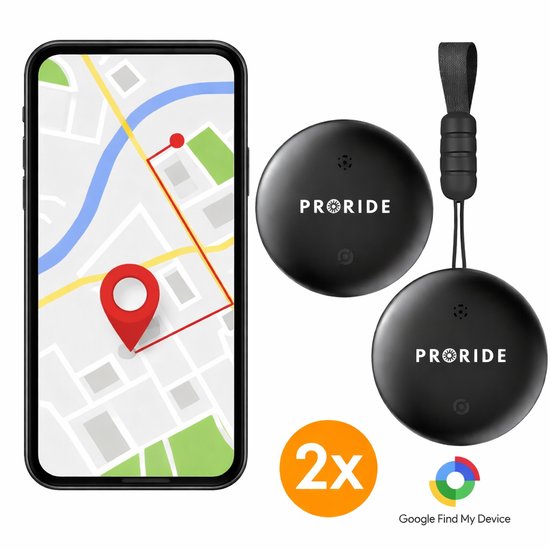 Proride® Tracker Android 2 stuks - Smarttag - GPS Tracker - Android/Google Find My Device - Real-time Locatie Volgsysteem - Sleutelvinder/Keyfinder - Koffer - Bagage - Fiets, Fatbike, Scooter, Auto, Fiets, Kat & Kind - Zwart
