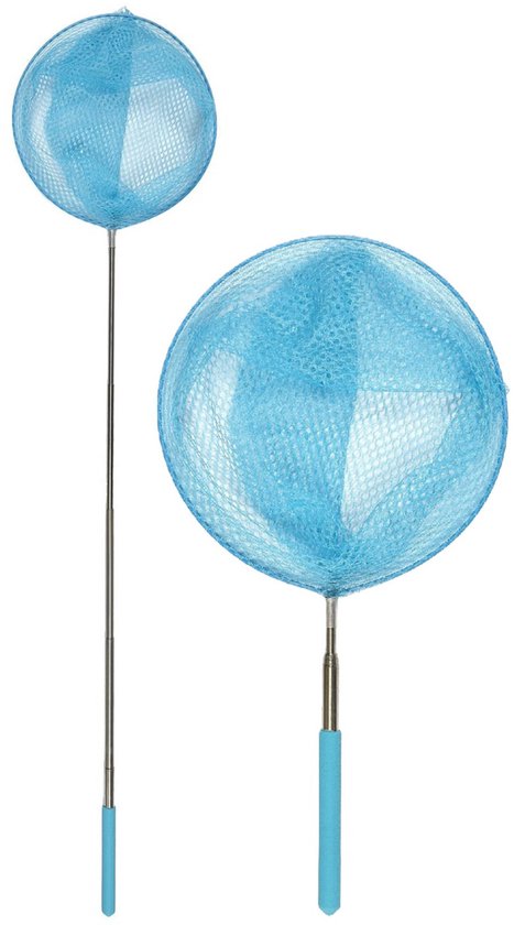 Twee blauwe vlindernetjes met metalen stelen en blauwe handvatten, op een witte achtergrond.