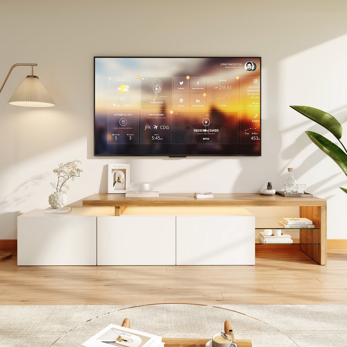 Tv-meubel, laag tv-meubel met ledverlichting, 3 lades, hoogglans wit, stijlvolle elegantie, 200x39x42 cm, woonkamer