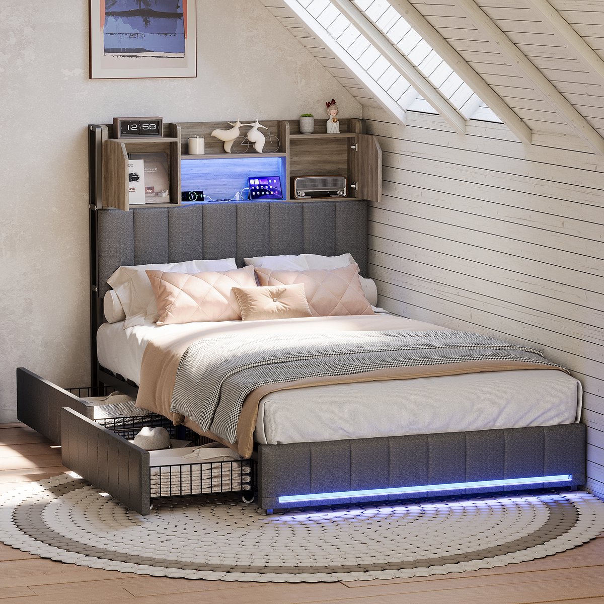 Bed 90x200 met Lades & LED – Stoffen Bedframe met Opberg Hoofdbord – Grijs