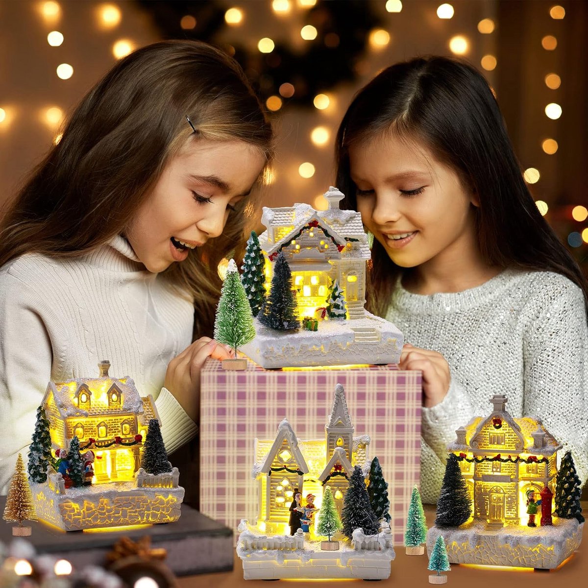 Set Kerstdorp Accessoires met Verlichte Huizen en Besneeuwde Bomen voor Tafeldecoratie – foto 5