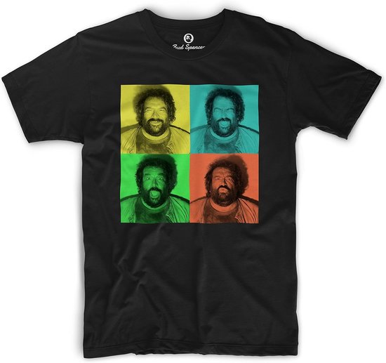 Zwart T-shirt met vierkante pop-art afbeelding van Bud Spencer in geel, cyaan, groen en oranje.