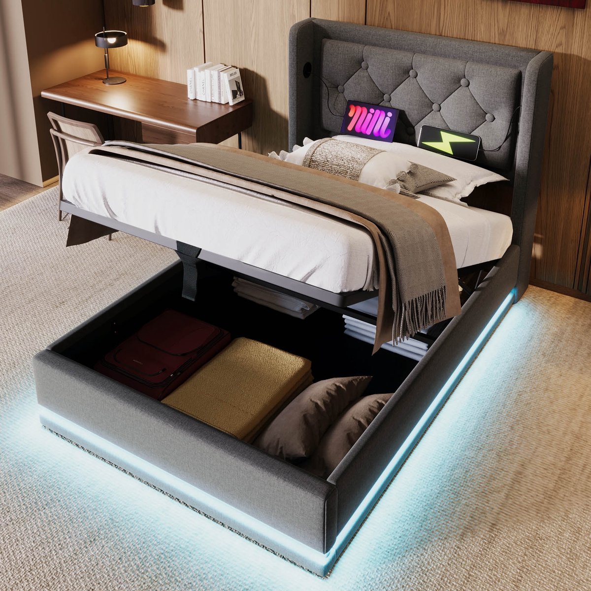 Sweiko Gestoffeerd bed - 90 × 200 cm - Katoen - Opbergruimte - USB/Type-C - LED-verlichting - Grijs