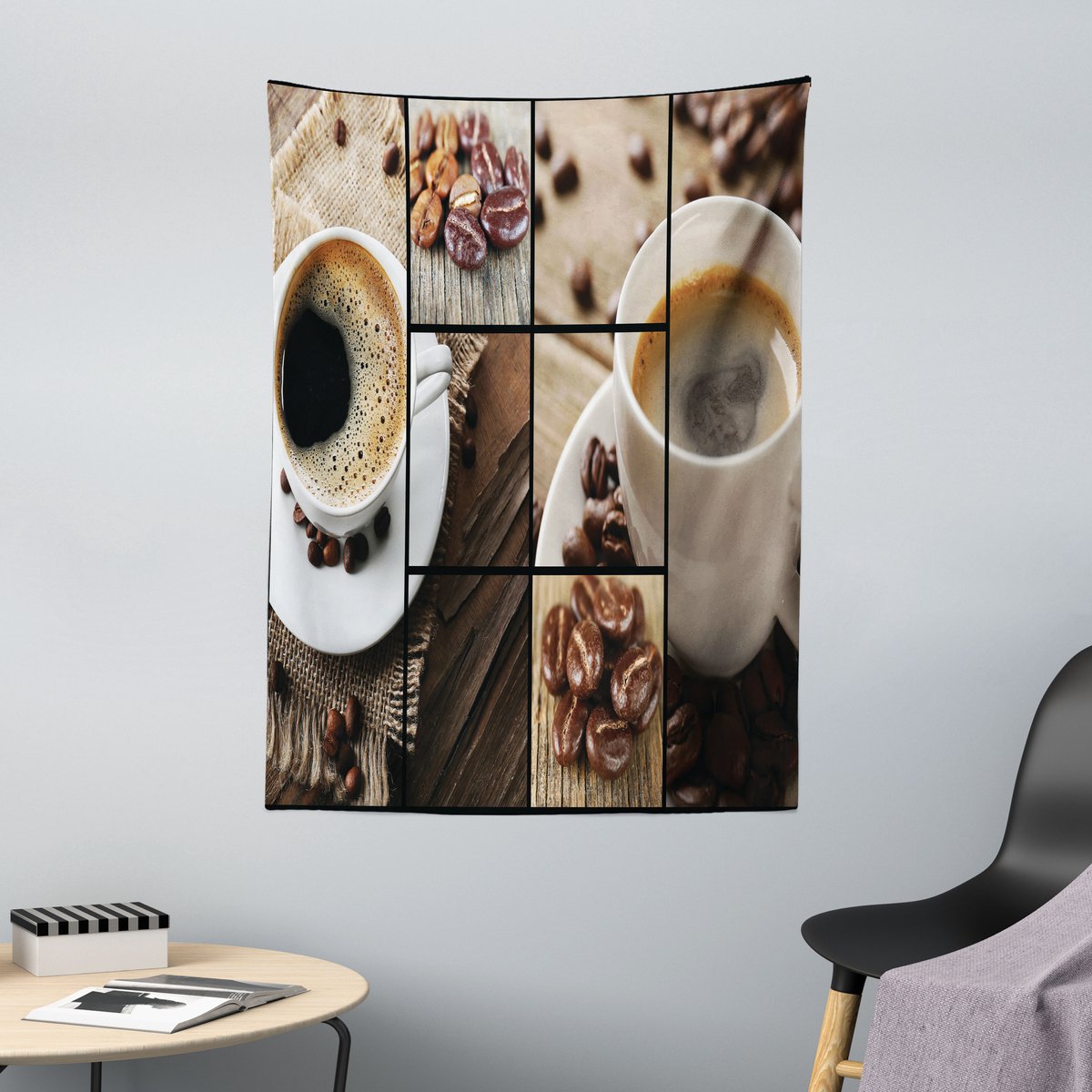 ABAKUHAUS Bruin wandtapijt met koffiekopje en houten tafelmotief, gemaakt van zachte microvezelstof, 110 x 150 cm, bruin